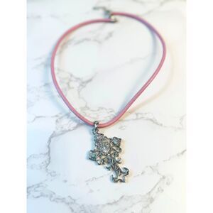 BHW Rhinestone Cross Pink Leather Cord Necklace